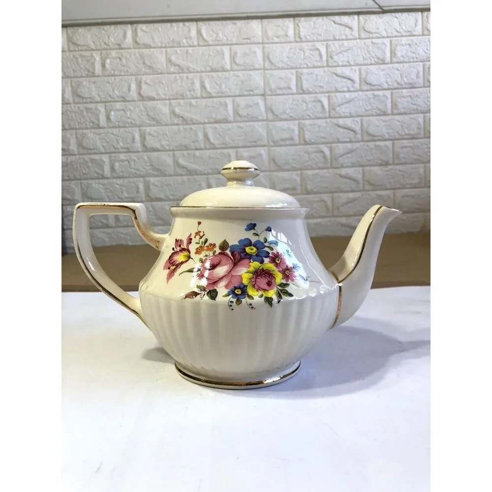 Vtg 50s Sadler England Ribbed Teapot Cream Floral Bouquet Gold Trim MCM #3771 6